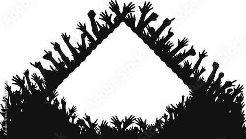 Silhouette of crowd hands raised upwards forming a triangle shape