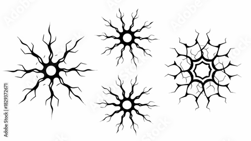Abstract black starburst shapes with jagged edges on white background