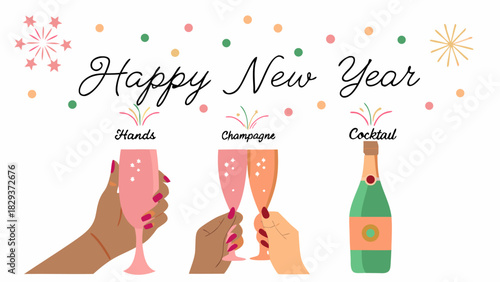 Happy new year celebration with champagne and cocktails