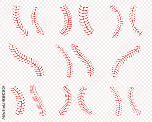 Collection of red baseball stitching elements on transparent background