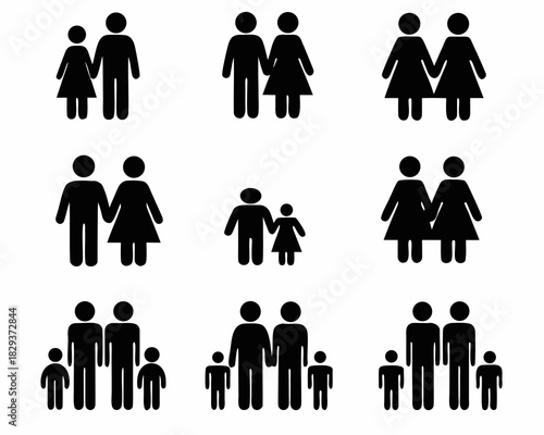 Collection of black silhouettes representing different family structures and relationships