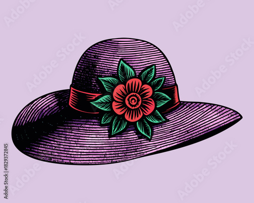 Vintage purple straw hat with a red flower and green leaves decoration