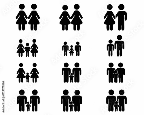 Diverse family unit icons representing different relationships and family structures