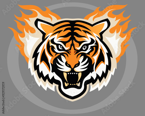 Fierce tiger head with flames and aggressive expression
