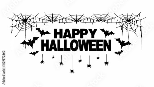 Happy halloween text with bats spiders and spiderwebs