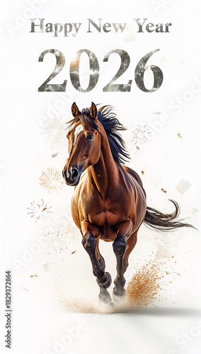 2026年のハッピーニューイヤーを走る馬で象徴した白背景のミニマル和風モダン年賀ビジュアル. 生成AI