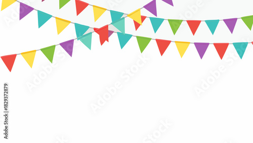 Colorful triangle party bunting flags on white background