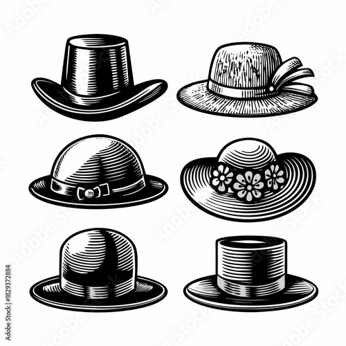 Collection of vintage hats in black and white engraving style