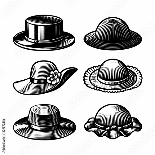 Collection of vintage hats in woodcut style