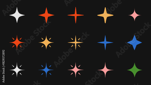 Collection of colorful starburst and sparkle icons on black background