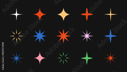 Collection of colorful starburst and sparkle icons on a black background