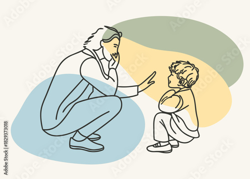 Adult talking to a child with colorful abstract shapes in the background