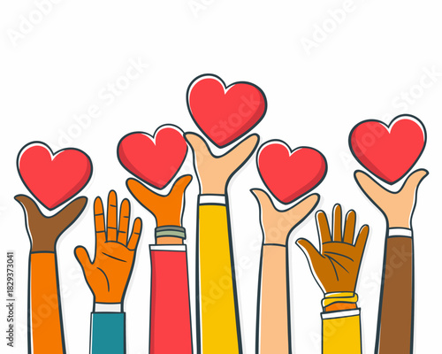 Diverse hands holding red hearts upwards symbolizing love and unity