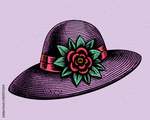 Vintage wide brim hat decorated with a rose and ribbon
