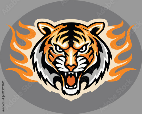 Fierce tiger head with flames emblem