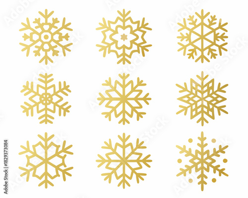 Collection of nine golden snowflake icons on a white background