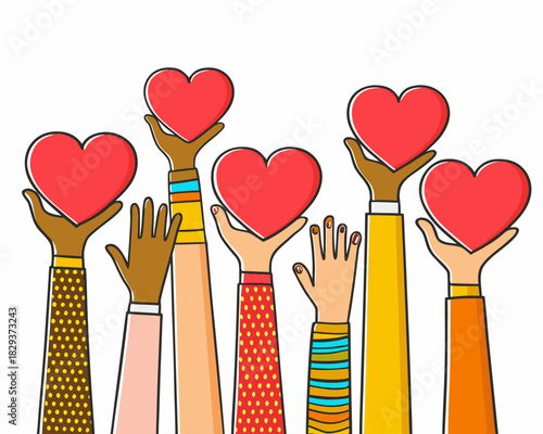Diverse hands holding red hearts together in unity and love