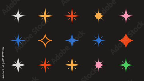 Collection of colorful starbursts and sparkles on a dark background