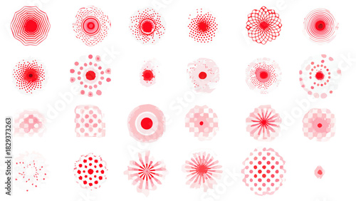 Collection of abstract red and white circular patterns and designs