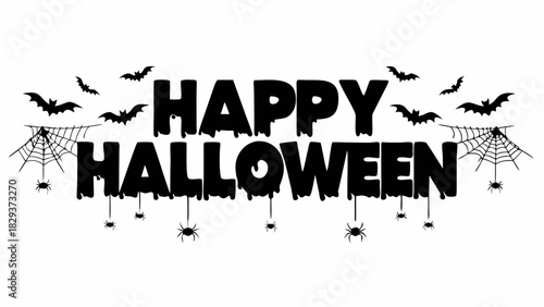 Happy halloween text with bats spiders and spiderwebs