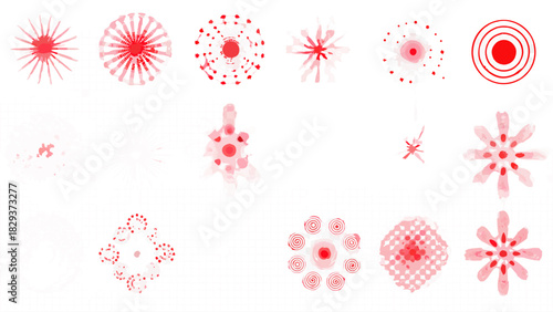 Collection of abstract red and pink circular and starburst shapes