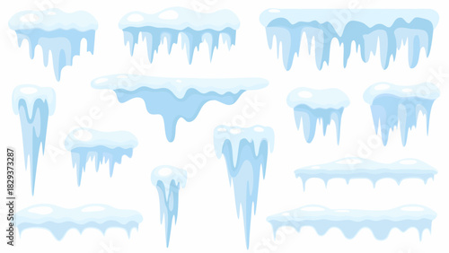 Collection of cartoon icicles and snow drifts on white background