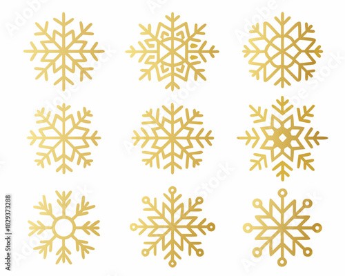Collection of nine golden snowflake icons on a white background
