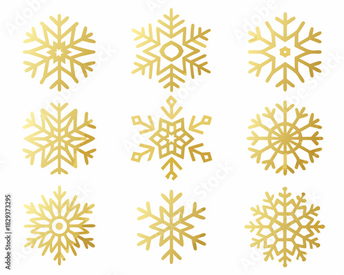 Collection of nine golden snowflake icons on a white background
