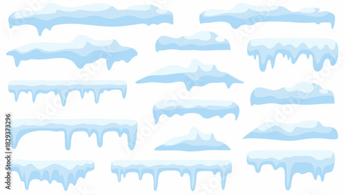 Collection of cartoon snow drifts and icicles on white background