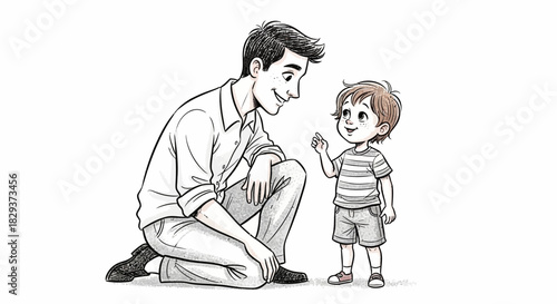Captivating father-son moment, illustration showcasing the bond between a dad and his inquisitive