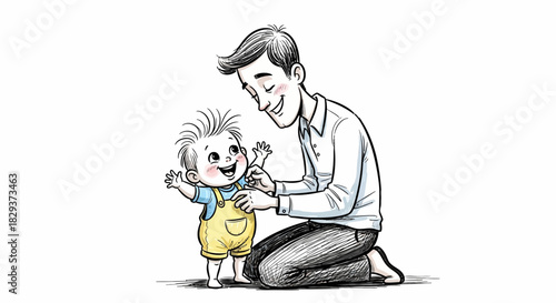 Illustration of a loving father helping his baby take first steps with tender encouragement and care