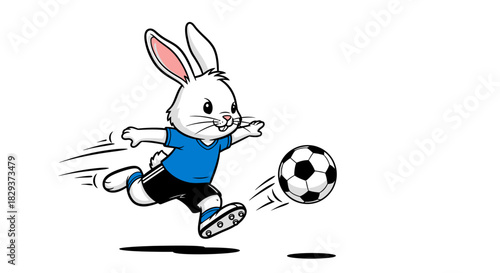 Animated bunny soccer player sprints to kick the ball in a dynamic action sequence
