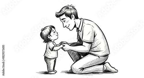 Ink illustration showcasing the tender connection between a father and child through heartwarming