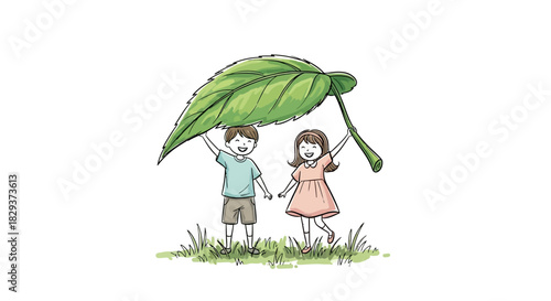 Children's whimsical illustration of nature protection with a giant leaf umbrella shelter