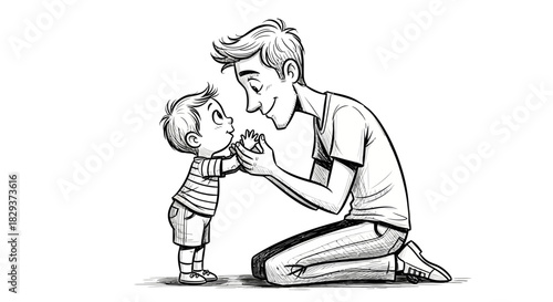 Sketch of loving father kneeling face to face with his small son in heartwarming moment