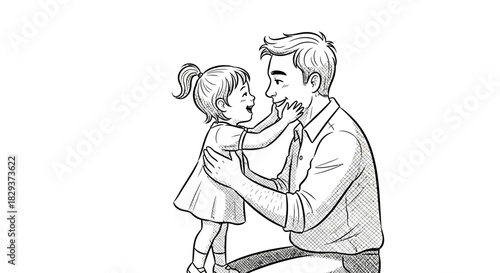 A heartwarming sketch of a father lovingly embracing his cheerful daughter, filled with tenderness