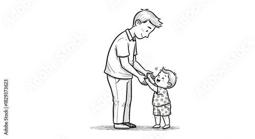 A father lovingly guides his young child in this heartwarming monochrome illustration
