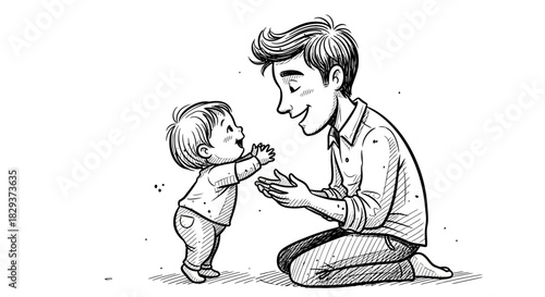 Whimsical father and child bonding through first steps artful pen sketch capture of familial love