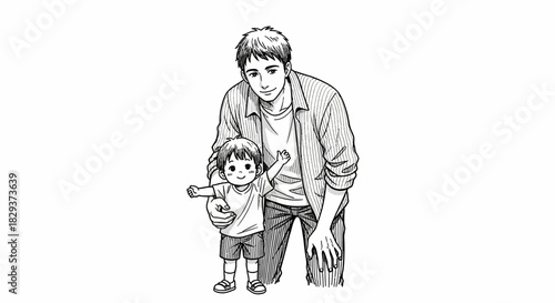 A heartwarming black and white sketch depicts a father tenderly holding his young child in a