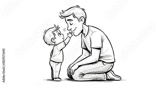 Heartwarming sketch of father and son bonding over playful interaction in monochrome style