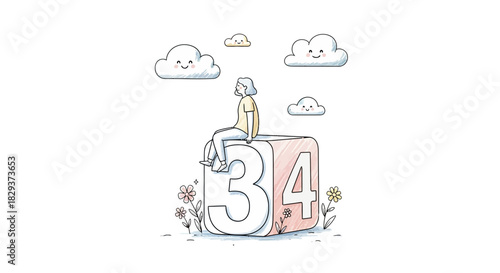 Serene woman sitting on number cube dreaming under smiling clouds thoughtful artwork