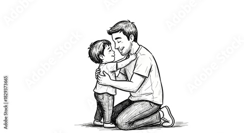 Heartwarming illustration of a father and son embracing in a tender moment of love