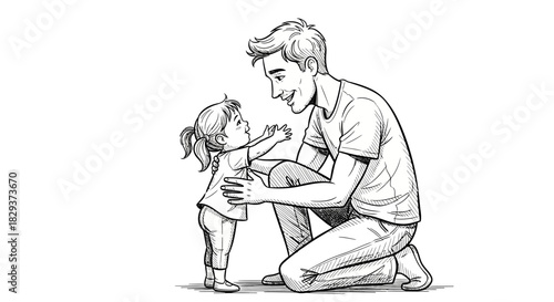 Heartwarming sketch of a father kneeling to embrace his toddler, showcasing pure love and