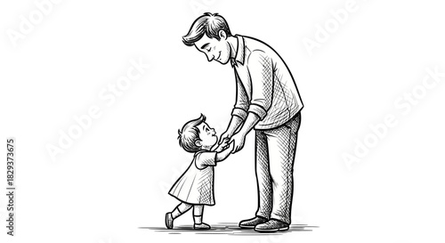 Drawn Illustration Depicting a Father Holding the Hands of His Small Child while Smiling with Love