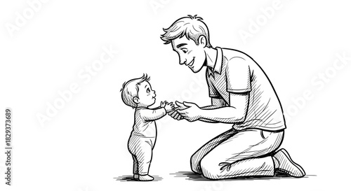 Heartwarming sketch illustration of a young father helping his baby take first steps
