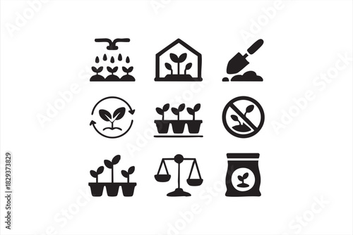 Gardening and Nature Icons Set, Line Art Vector Pack for Farming, Horticulture, and Plant Growth