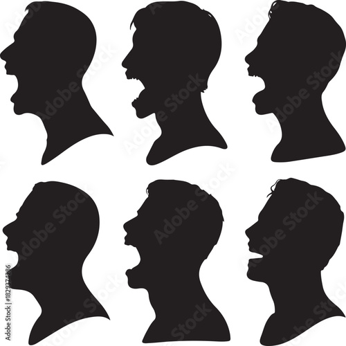 Silhouette of Screaming Men Expressing Intense Emotions in a Group