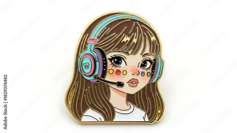 Naklejka premium Anime girl gamer pin with vibrant headphones for streamers and esports enthusiasts gift