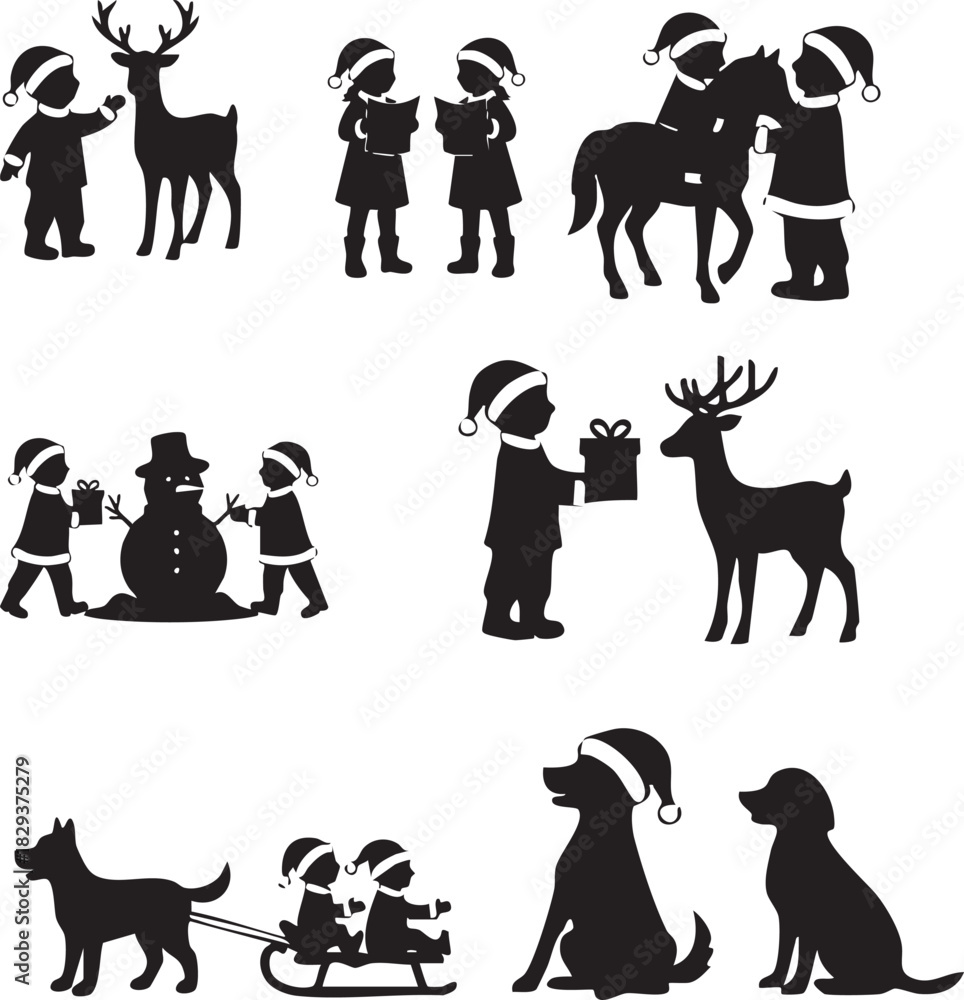 Obraz premium Christmas Kids and Animals Silhouette Vector SetHoliday Children Activities and Santa Hat CollectionBlack and White Winter Fun Icons with Reindeer, Snowman, and Dogs