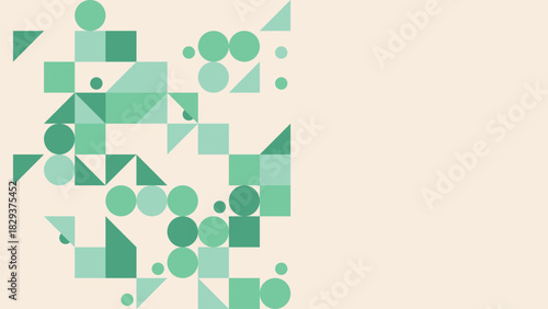 Abstract geometric pattern of squares and circles in calming green and beige tones
